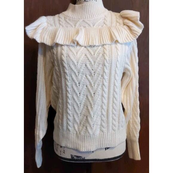 Studio 19 Womens Sweater Cable Knit Top Small Cream Ivory Mock neck Ruffle NEW - Picture 1 of 8